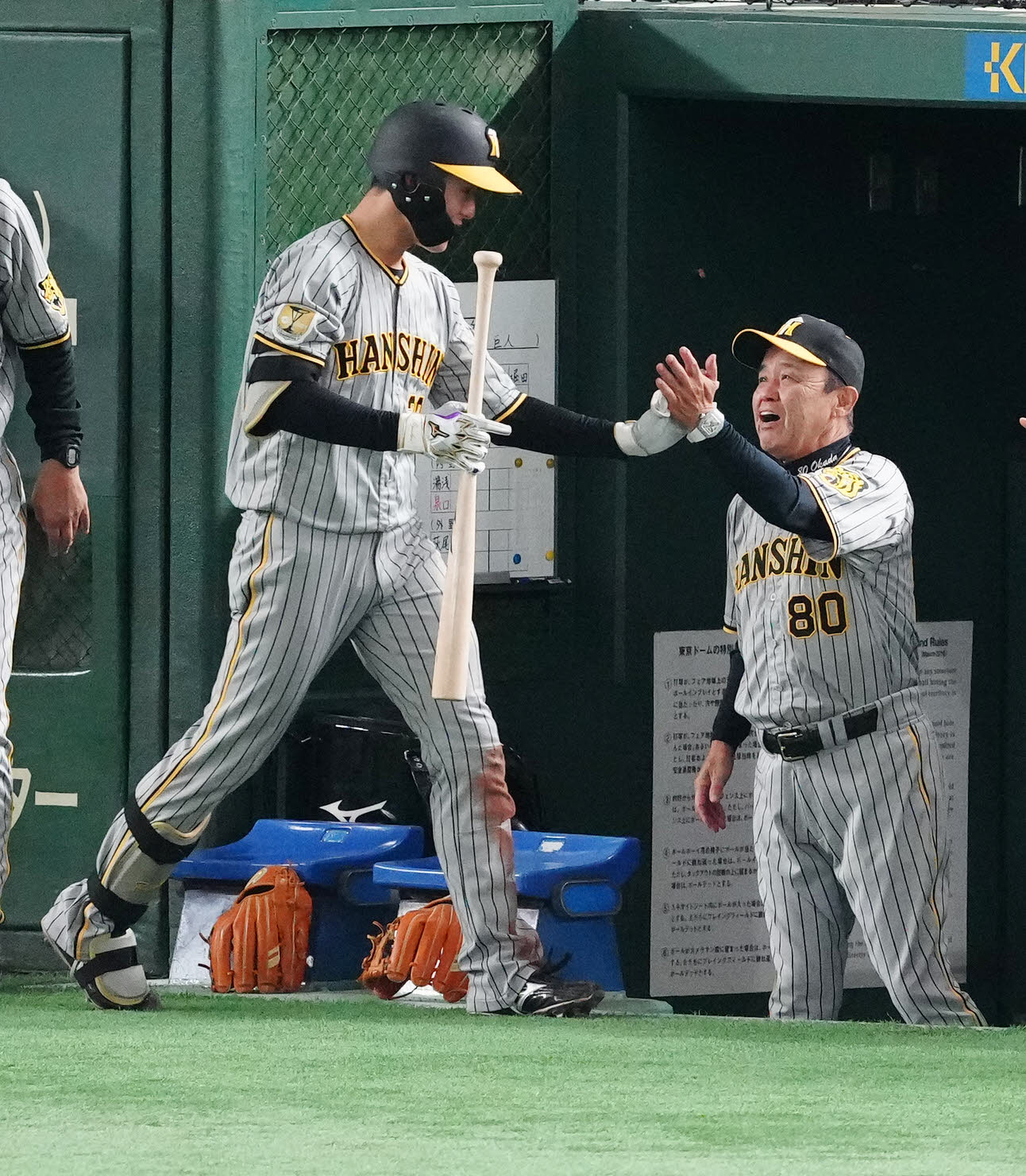 巨人対阪神　9回表阪神2死、ソロ本塁打を放った小幡（左）とタッチを交わす岡田監督（撮影・江口和貴）