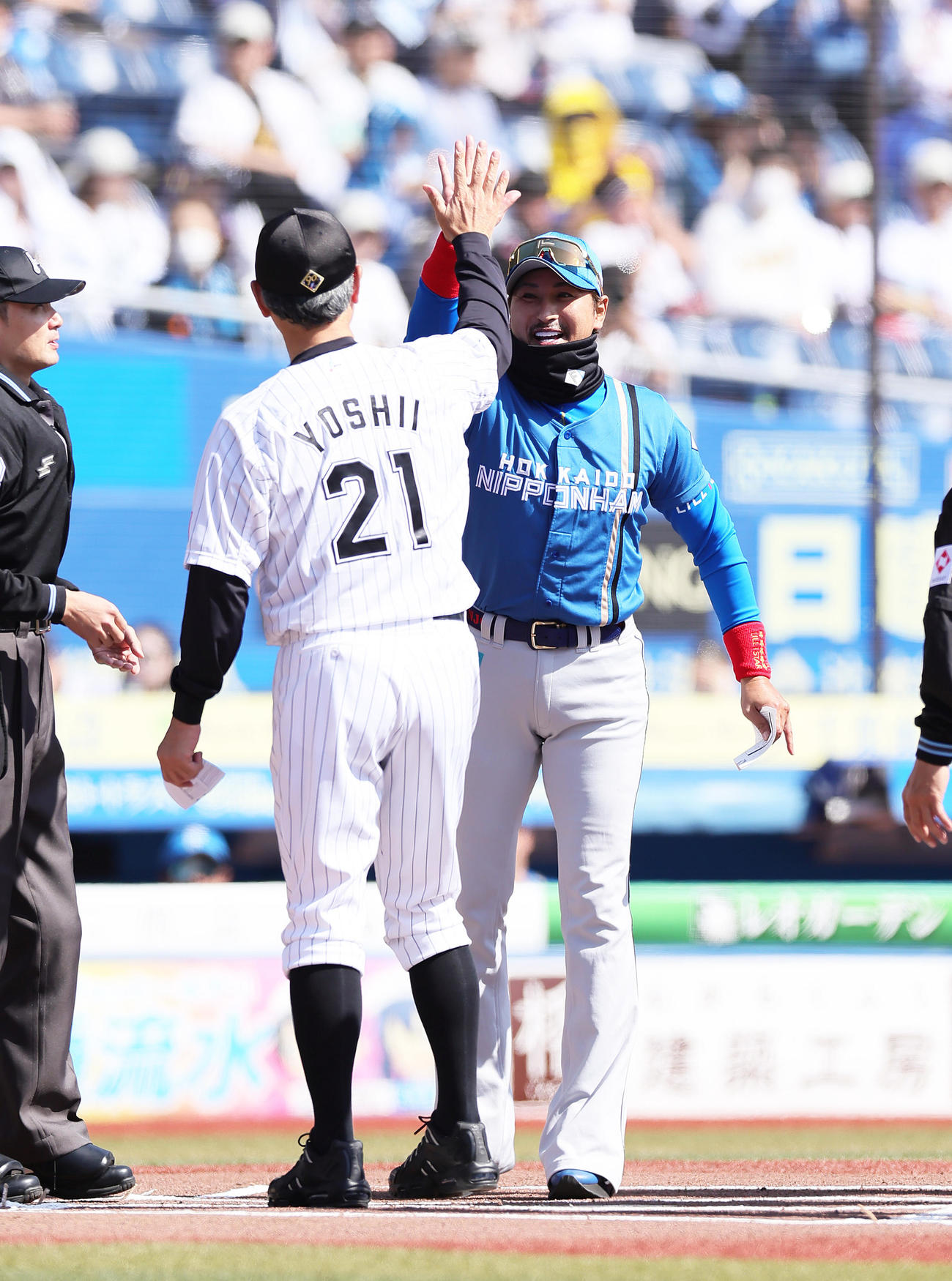 試合前のメンバー表交換でハイタッチを交わすロッテ吉井監督（左）と日本ハム新庄監督（撮影・足立雅史）