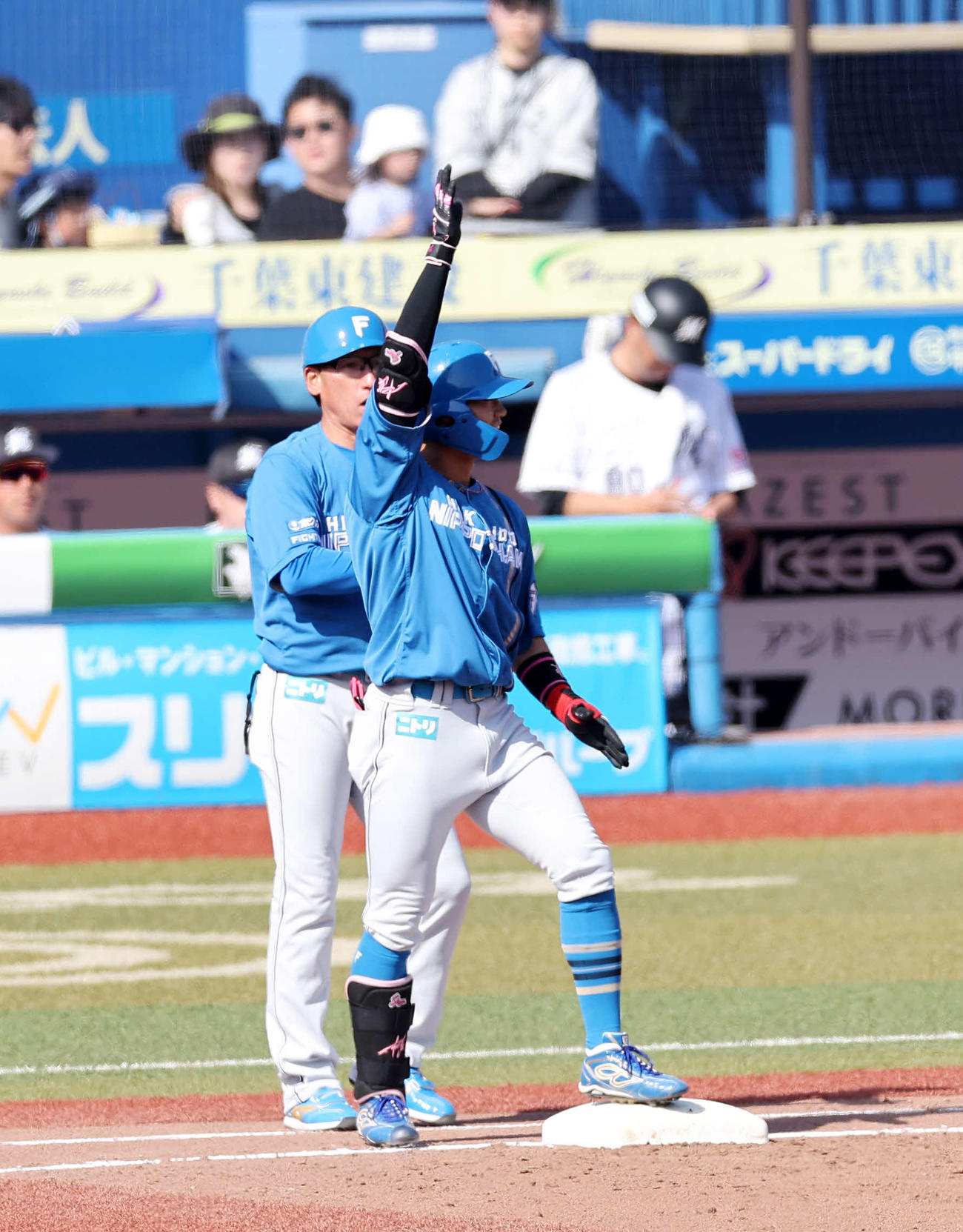 ロッテ対日本ハム　3回表日本ハム1死、細川は中前打を放ちポーズを決める（撮影・鈴木正人）