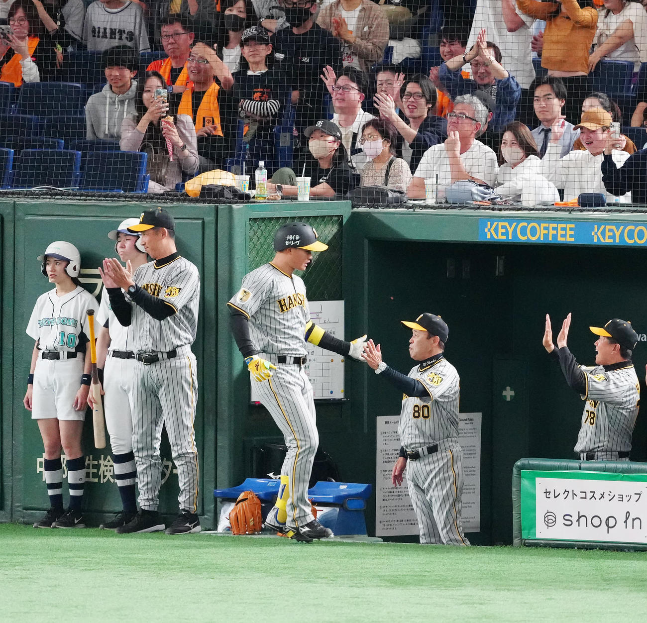 巨人対阪神　8回表阪神2死一、三塁、先制3点本塁打を放った森下（中央左）とタッチを交わす岡田監督（撮影・江口和貴）