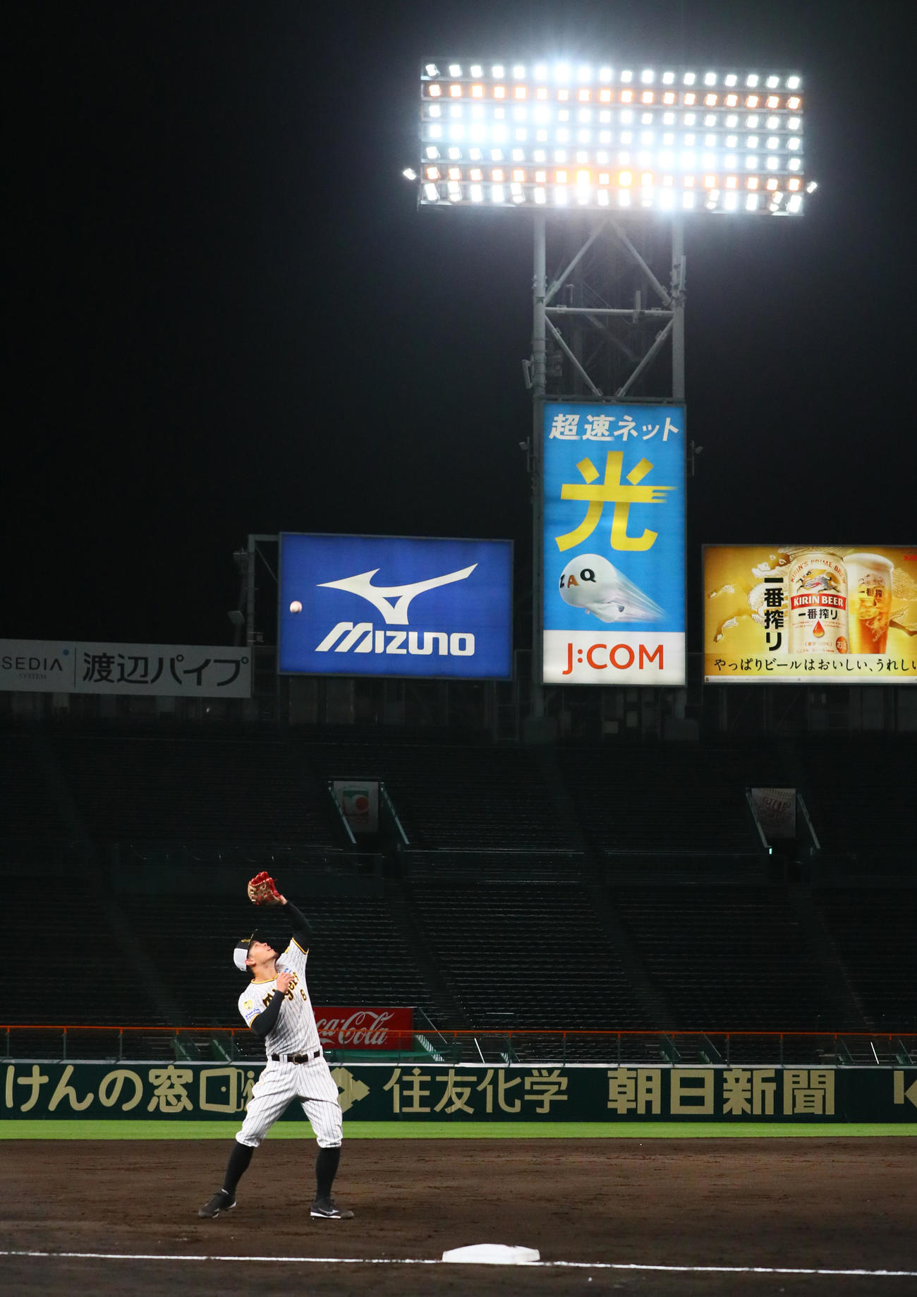 フライ練習する阪神佐藤輝（撮影・上山淳一）