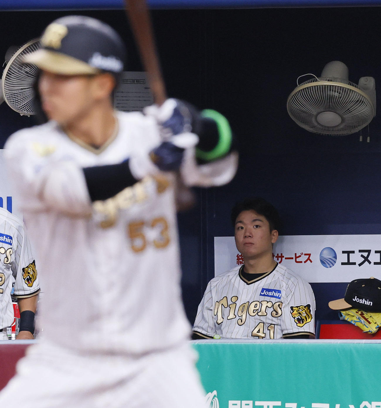 阪神対DeNA 3回裏阪神1死、代打島田を送られ、ベンチから見つめる村上（撮影・藤尾明華）