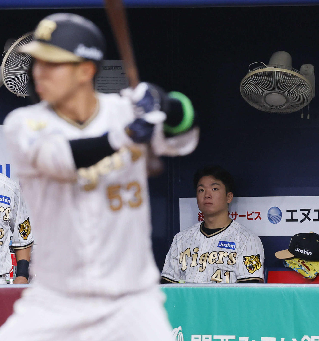 阪神対DeNA 3回裏阪神1死、代打島田を送られ、ベンチから見つめる村上（撮影・藤尾明華）