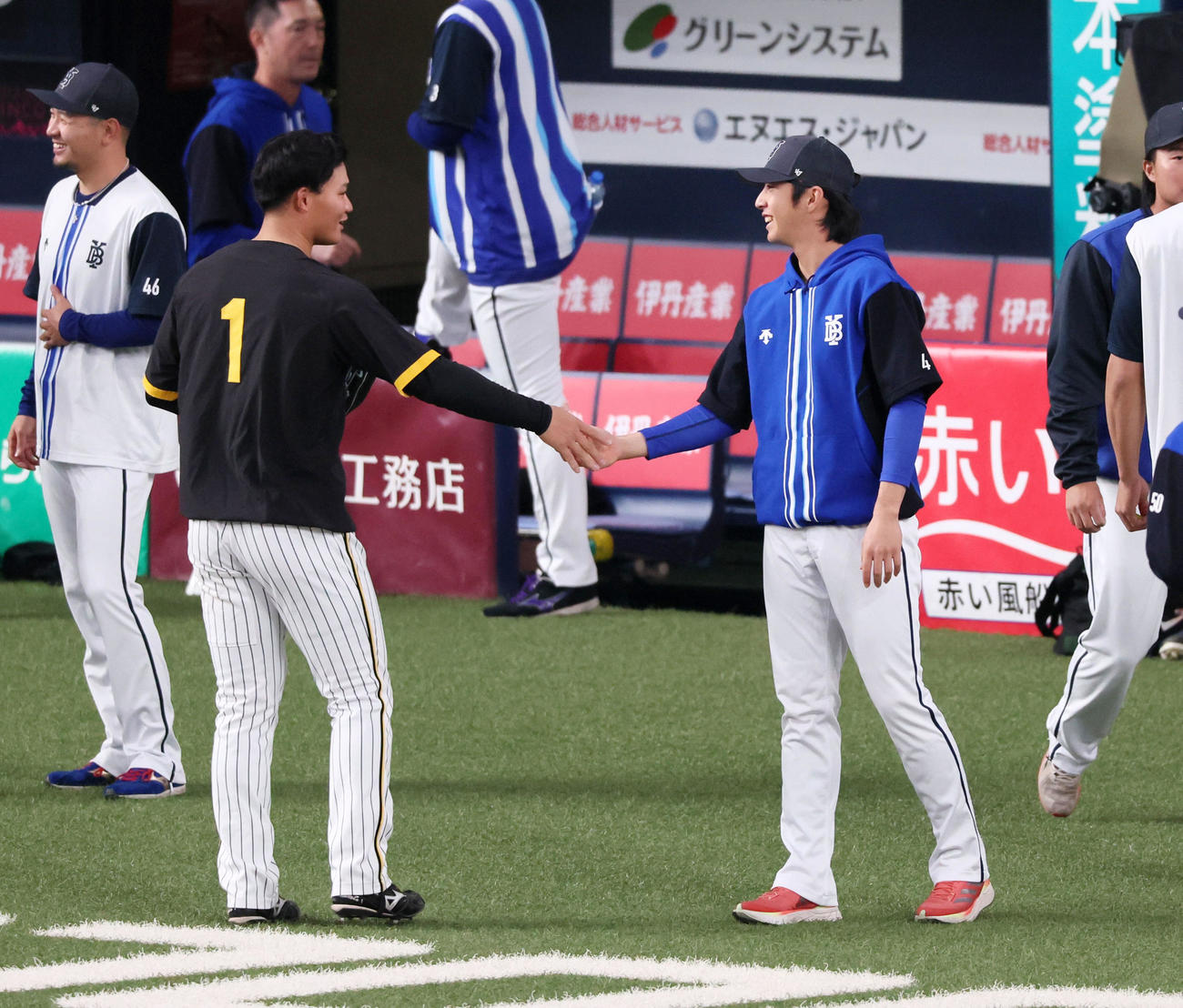 阪神対DeNA　森下（左）は度会と握手してあいさつする（撮影・加藤哉）
