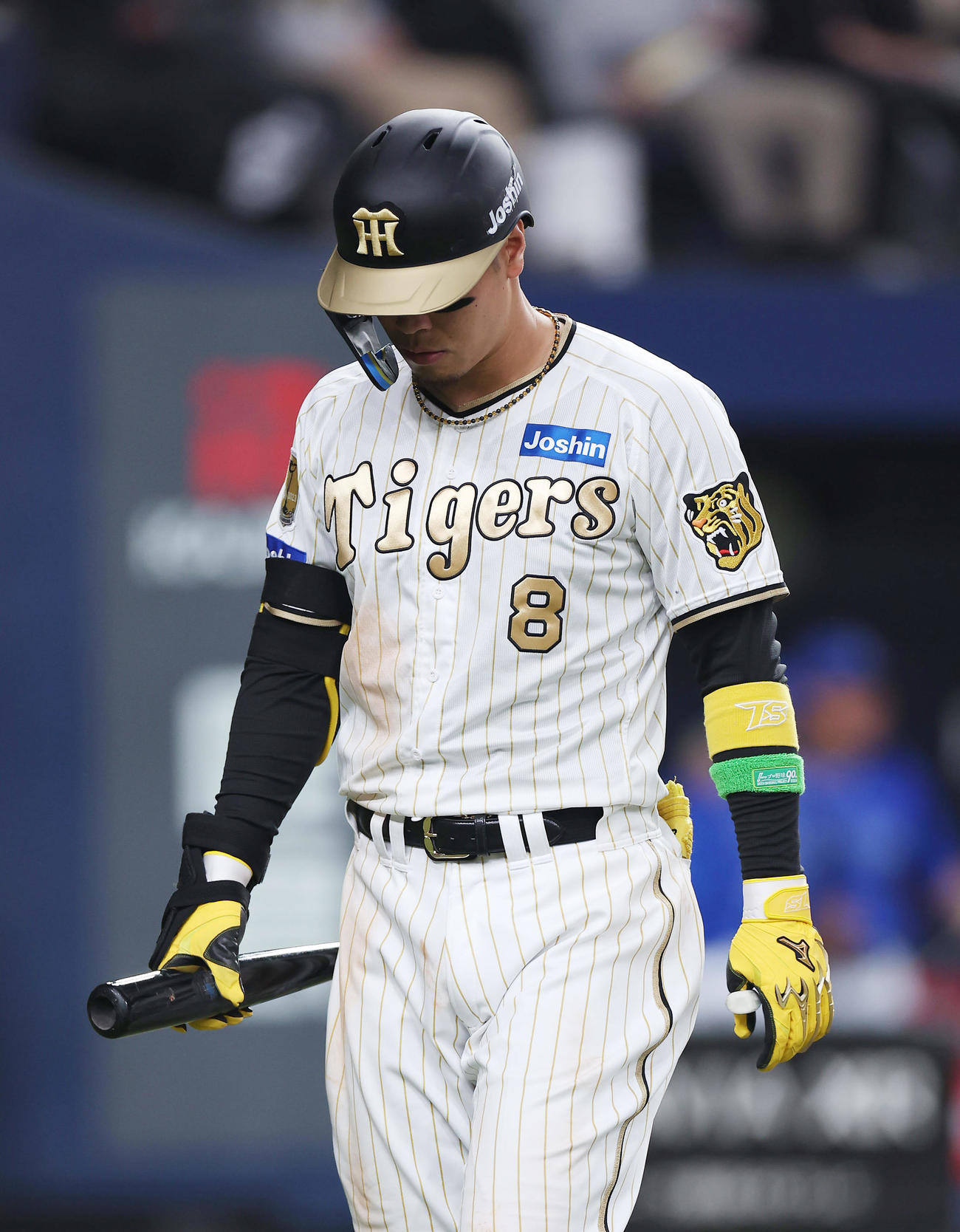 阪神対DeNA 6回裏阪神2死二塁、空振り三振に倒れ、うつむきながらベンチへ戻る佐藤輝（撮影・前田充）