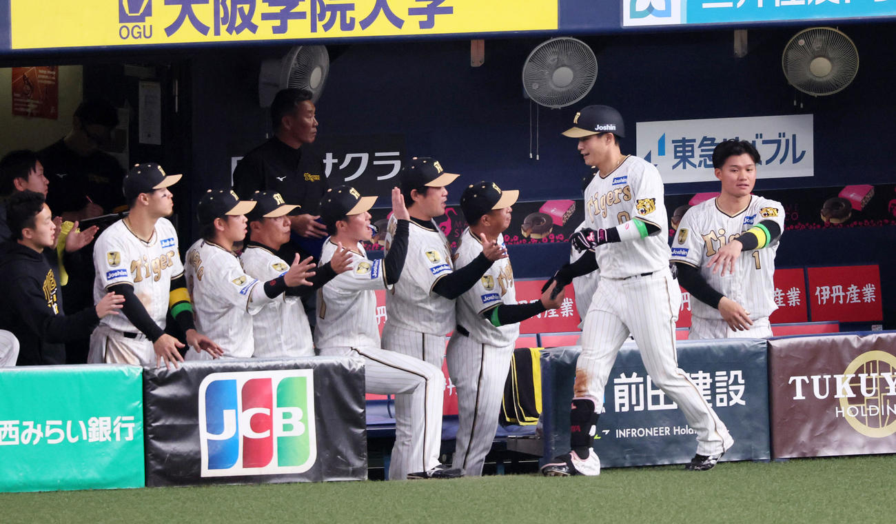 阪神対DeNA 7回裏阪神2死、右越えソロ本塁打を放った木浪はベンチのナインとタッチ（撮影・加藤哉）
