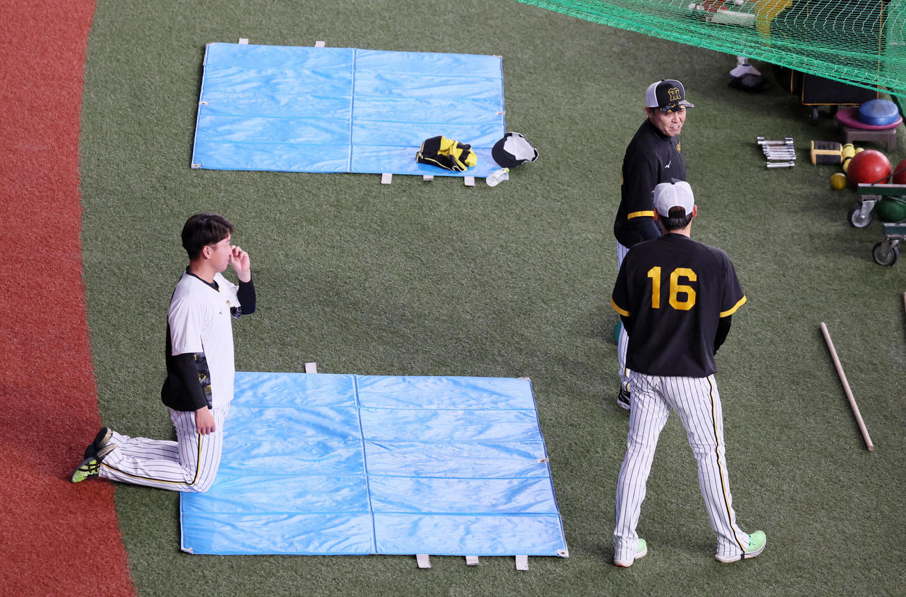 阪神対DeNA　外野から練習を見る岡田監督（右）は西勇と言葉を交わす。左は村上（撮影・加藤哉）
