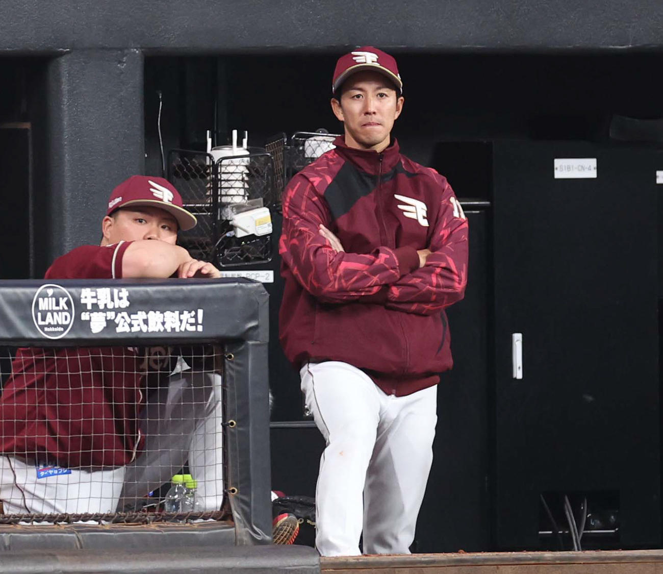 日本ハム対楽天　ベンチで試合を見つめる岸（右）（撮影・黒川智章）
