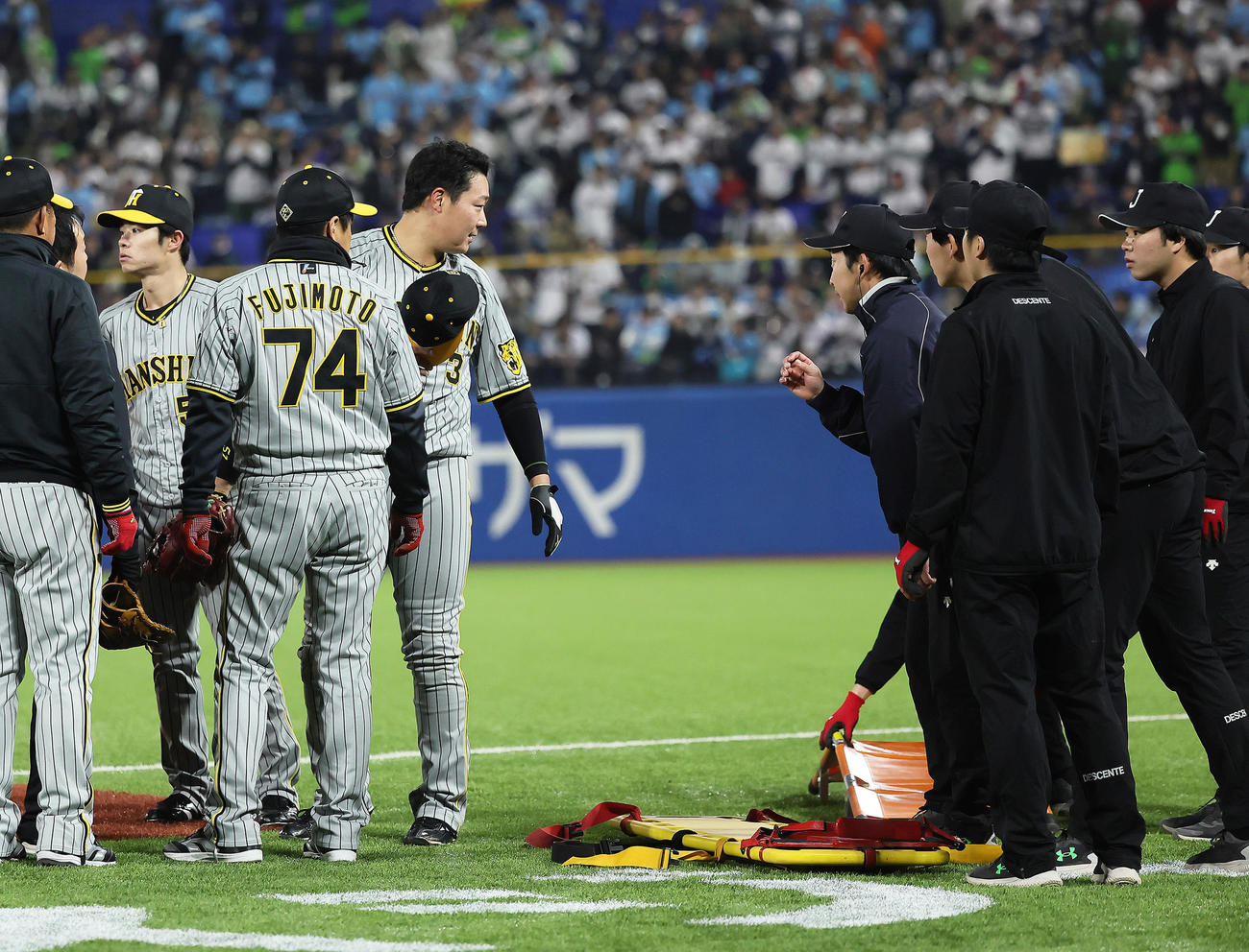 ヤクルト対阪神　5回裏ヤクルト無死、西川遥輝と交錯し倒れ込んだ一塁手大山（中央）のもとに担架が運び込まれるも自力で立ち上がり係に断りのお辞儀をする（撮影・足立雅史）