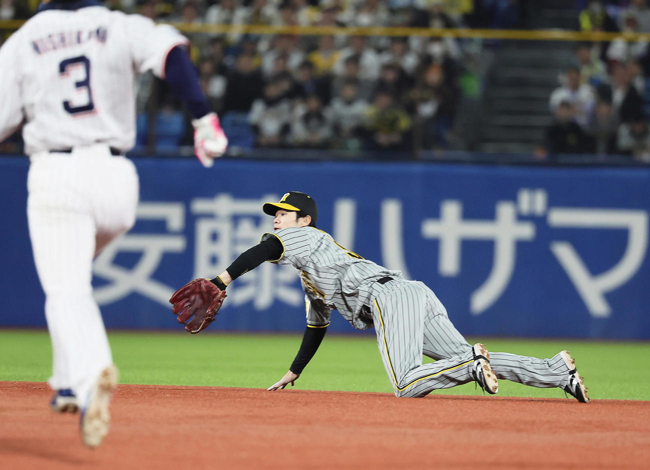 ヤクルト対阪神　5回裏ヤクルト無死一塁、オスナの打球に好守備を見せ二ゴロとする中野（撮影・足立雅史）