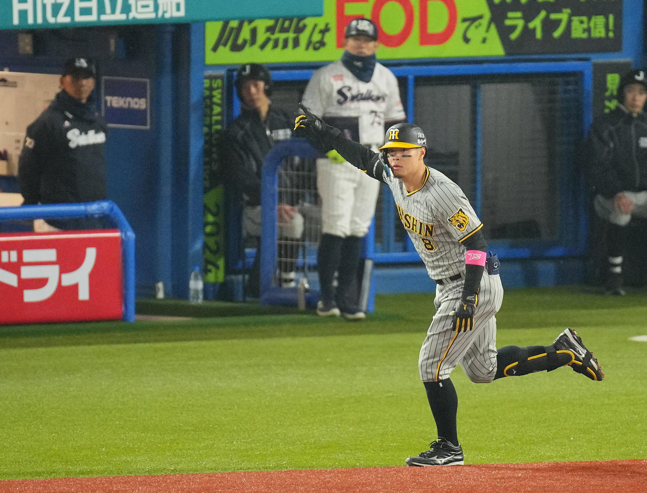 ヤクルト対阪神　10回表阪神1死、ソロ本塁打を放ち打球を見ながらポーズを決める佐藤輝（撮影・垰建太）