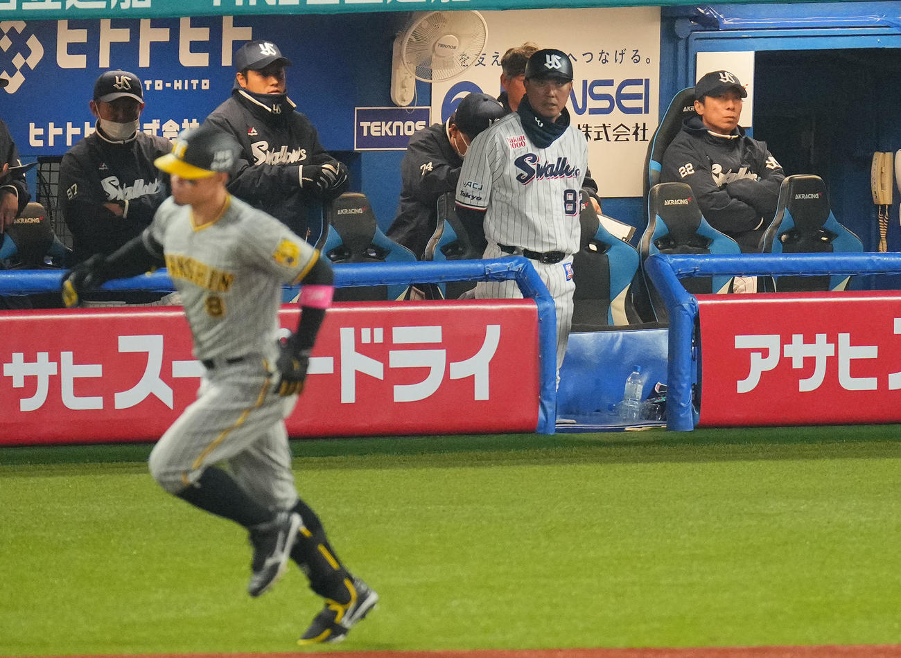 ヤクルト対阪神　10回表阪神1死、佐藤輝（手前）のソロ本塁打でぼうぜんとする高津監督（右）ら（撮影・垰建太）