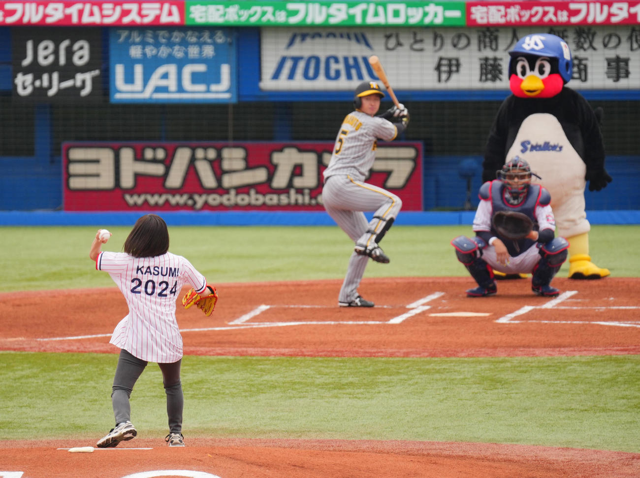 ヤクルト対阪神　試合前、始球式を行う石川佳純さん（撮影・垰建太）