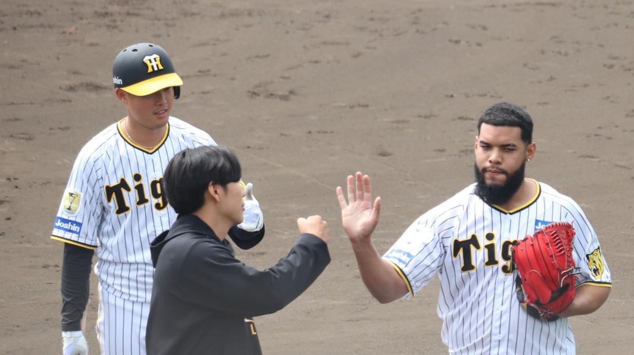 打者との対戦を終え、ハイタッチする阪神ホセ・ベタンセス投手(撮影・波部俊之介)