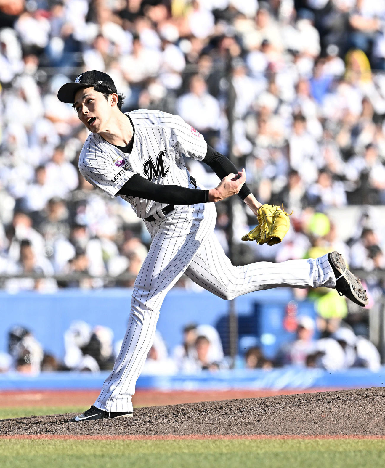 ロッテ対オリックス　7回表、力投するロッテ先発の佐々木（撮影・滝沢徹郎）