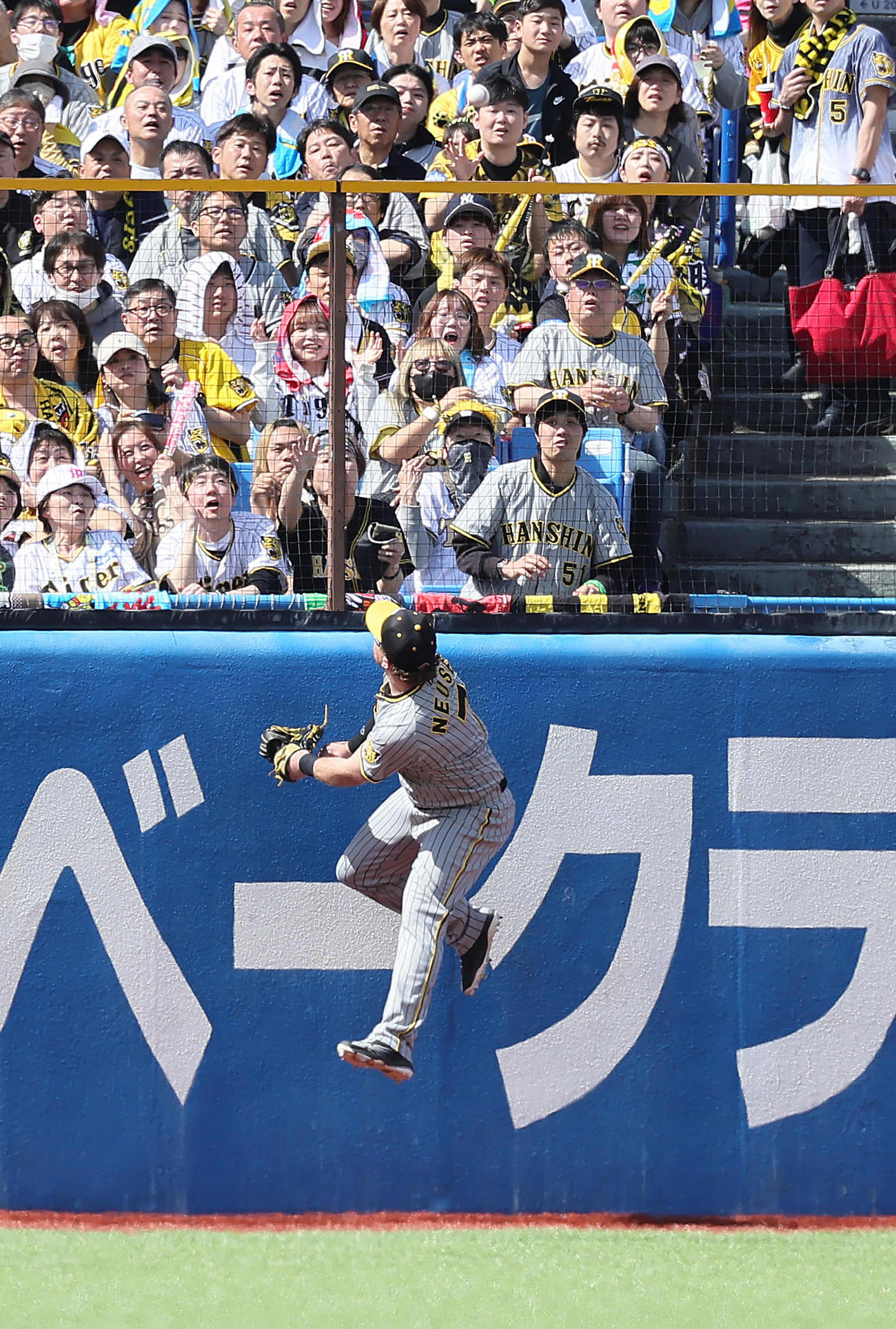 ヤクルト対阪神　1回裏ヤクルト1死二塁、ホセ・オスナの左越え2点本塁打となる打球を飛びつこうとするも見送るノイジー（撮影・足立雅史）
