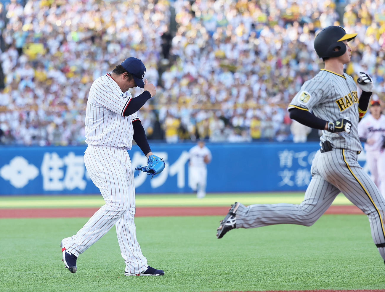 ヤクルト対阪神　9回表阪神2死二塁、近本（右）を二ゴロに仕留めガッツポーズする清水（撮影・足立雅史）