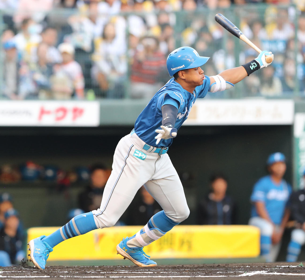 ソフトバンク対日本ハム　1回表日本ハム無死一、三塁、万波は左前に先制適時打を放つ（撮影・梅根麻紀）