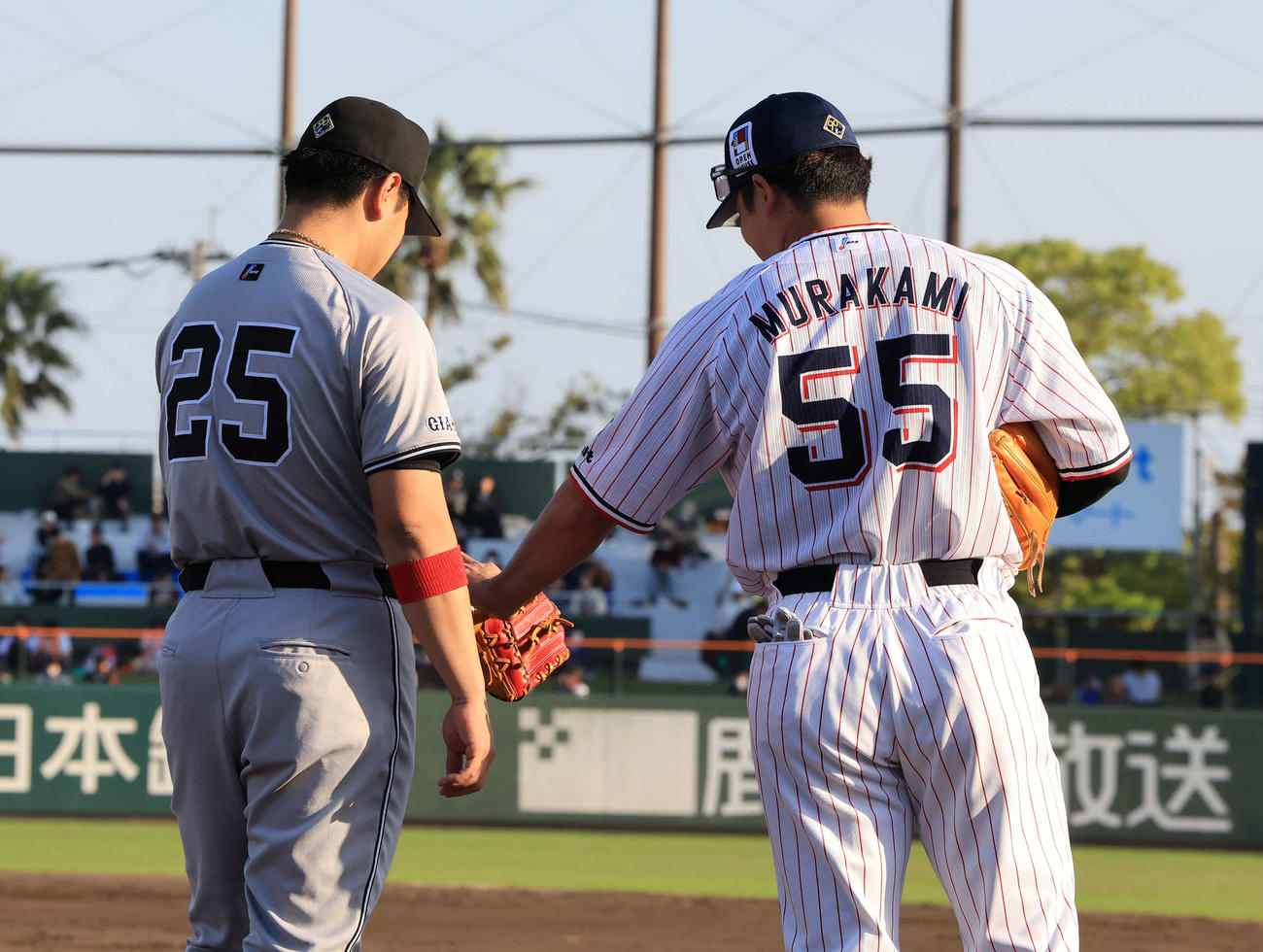 ヤクルト対巨人　試合前、ヤクルト村上（右）と話す巨人岡本和（撮影・浅見桂子）