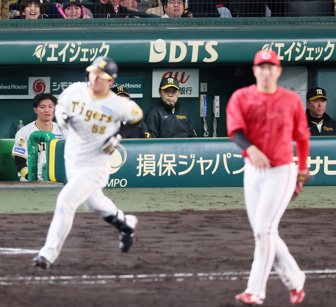 阪神対広島　9回裏阪神2死一、二塁、ベンチの岡田監督は中飛を打ち上げた前川の打球を見つめる。右は堂林（撮影・加藤哉）