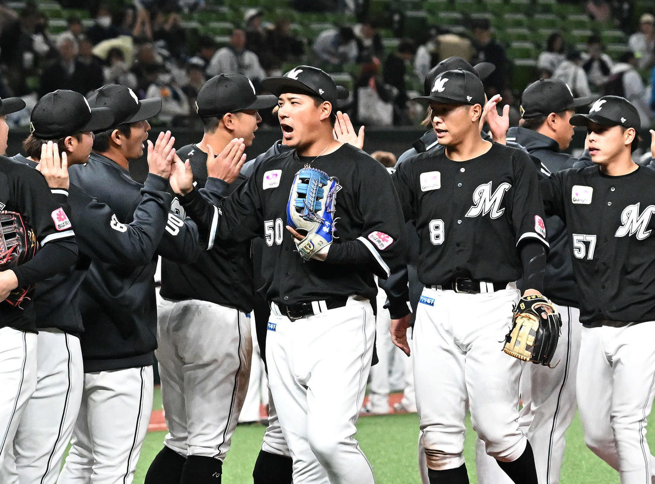 西武対ロッテ　勝利を飾りハイタッチで祝うロッテ愛斗（中央）ら（撮影・滝沢徹郎）