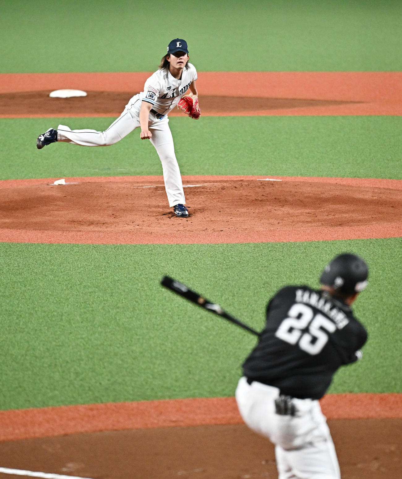 西武対ソフトバンク　1回表ソフトバンク2死三塁、山川から空振り三振を奪う今井（撮影・滝沢徹郎）