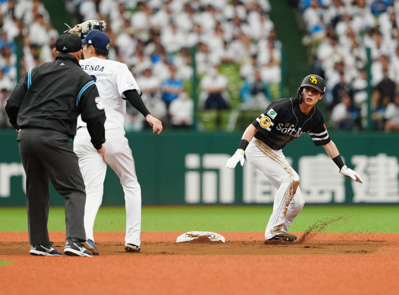 西武対ソフトバンク　1回表ソフトバンク1死一塁、二塁盗塁を決めた周東（撮影・江口和貴）