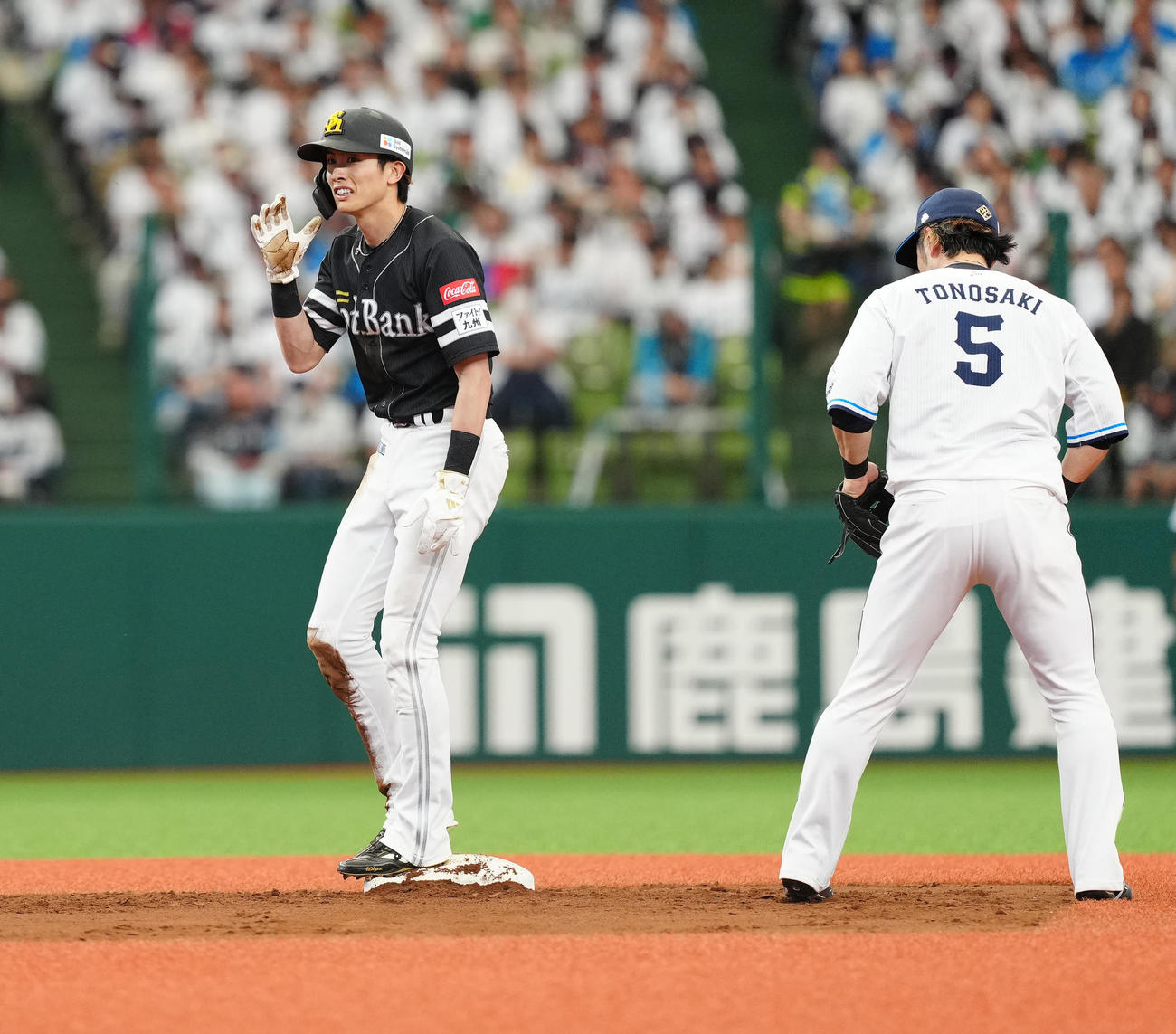 西武対ソフトバンク　3回表ソフトバンク無死一塁、二塁盗塁を決めるた周東（撮影・江口和貴）