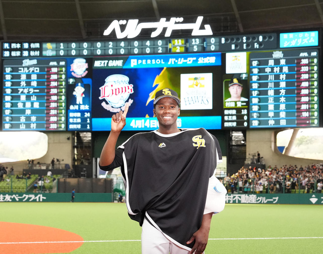 西武対ソフトバンク　先発初勝利を挙げ「1」ポーズを見せるソフトバンク・モイネロ（撮影・江口和貴）