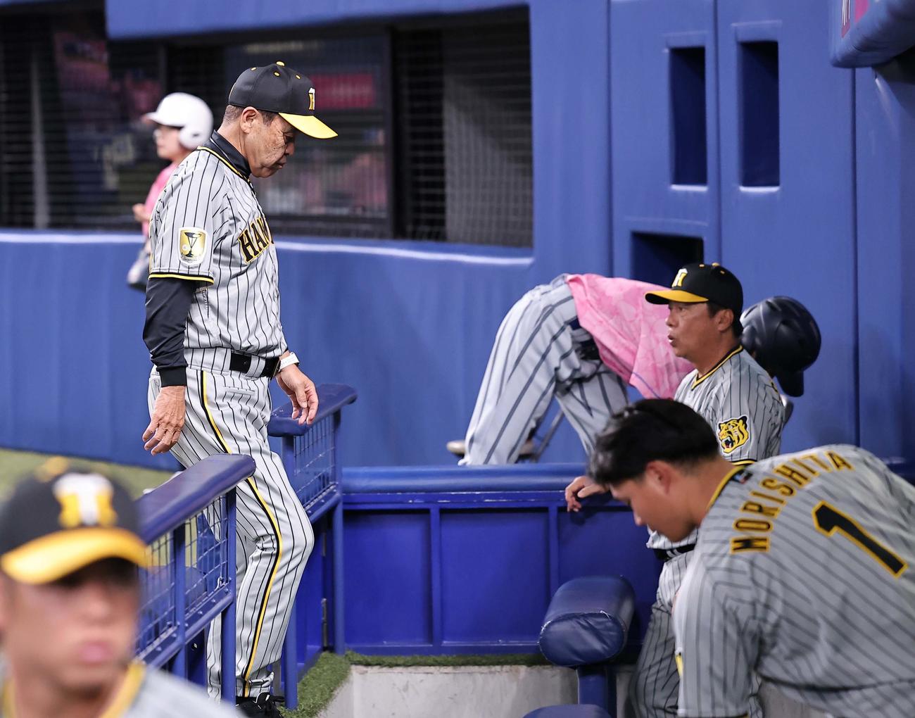 中日対阪神　選手交代を告げベンチに引き揚げる岡田監督（撮影・上田博志）