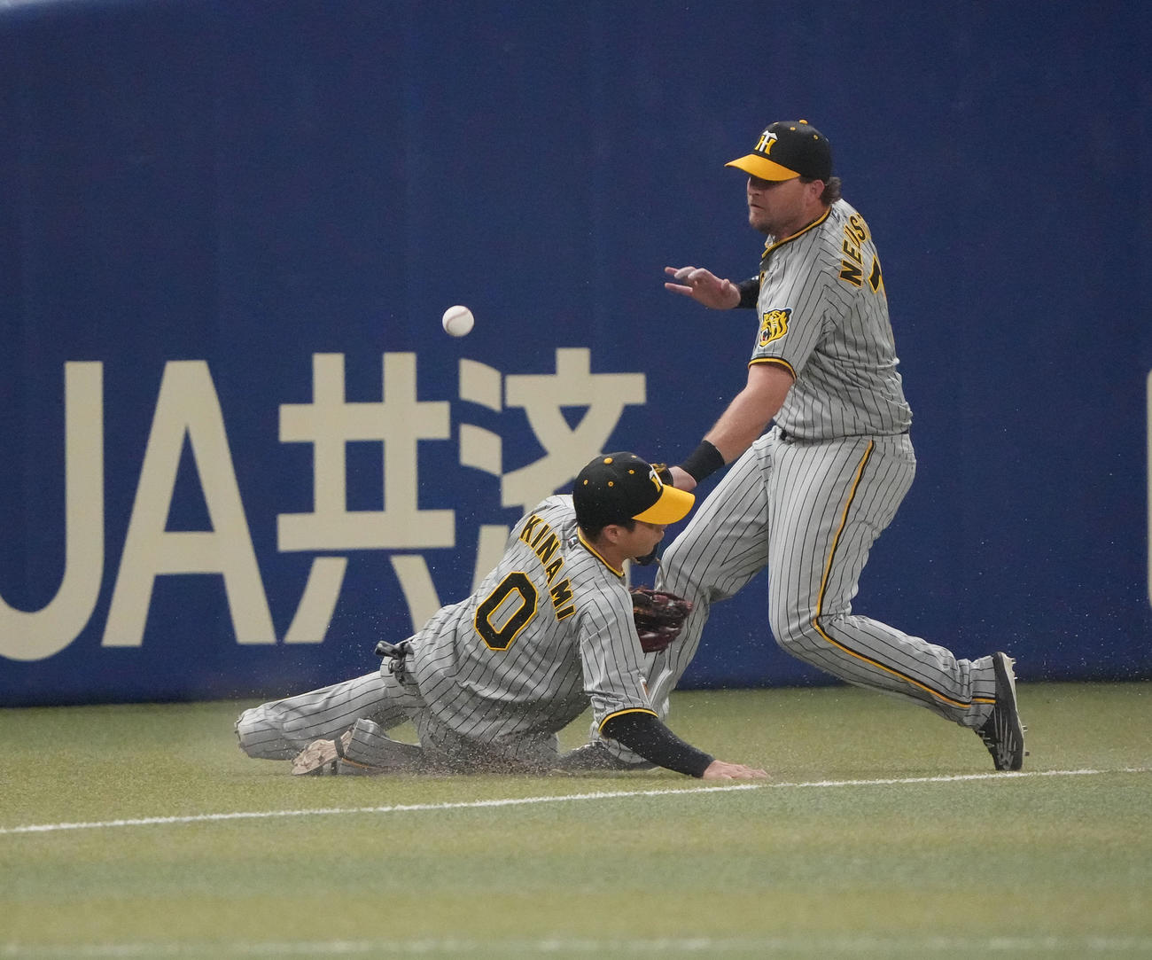 中日対阪神　1回裏中日無死、三好の打球を追い交錯する木浪（左）とノイジー（撮影・森本幸一）