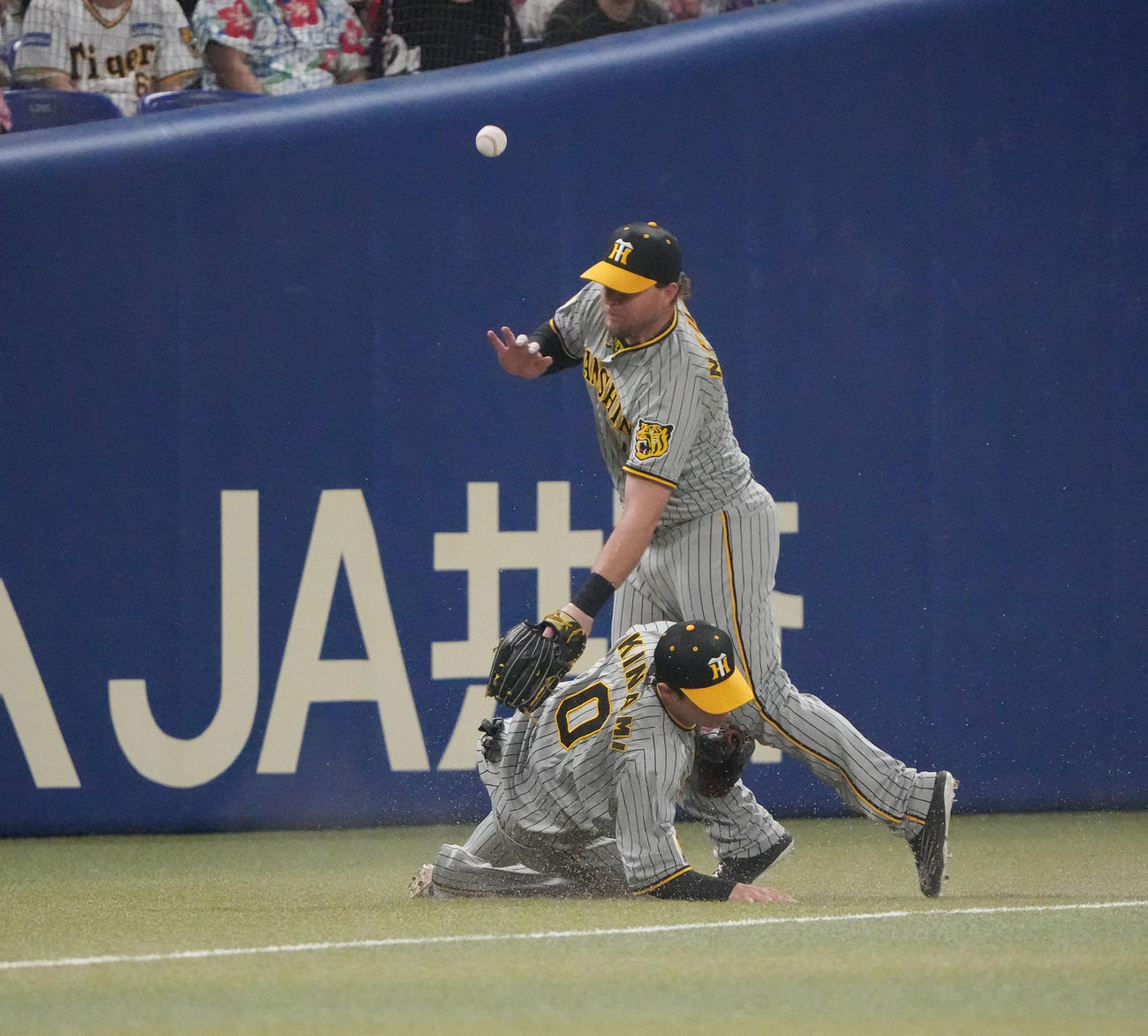 中日対阪神　1回裏中日無死、三好の打球を追い交錯する木浪（左）とノイジー（撮影・森本幸一）