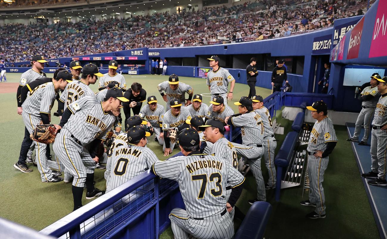 中日対阪神　試合前、円陣を組む阪神ナイン（撮影・上田博志）