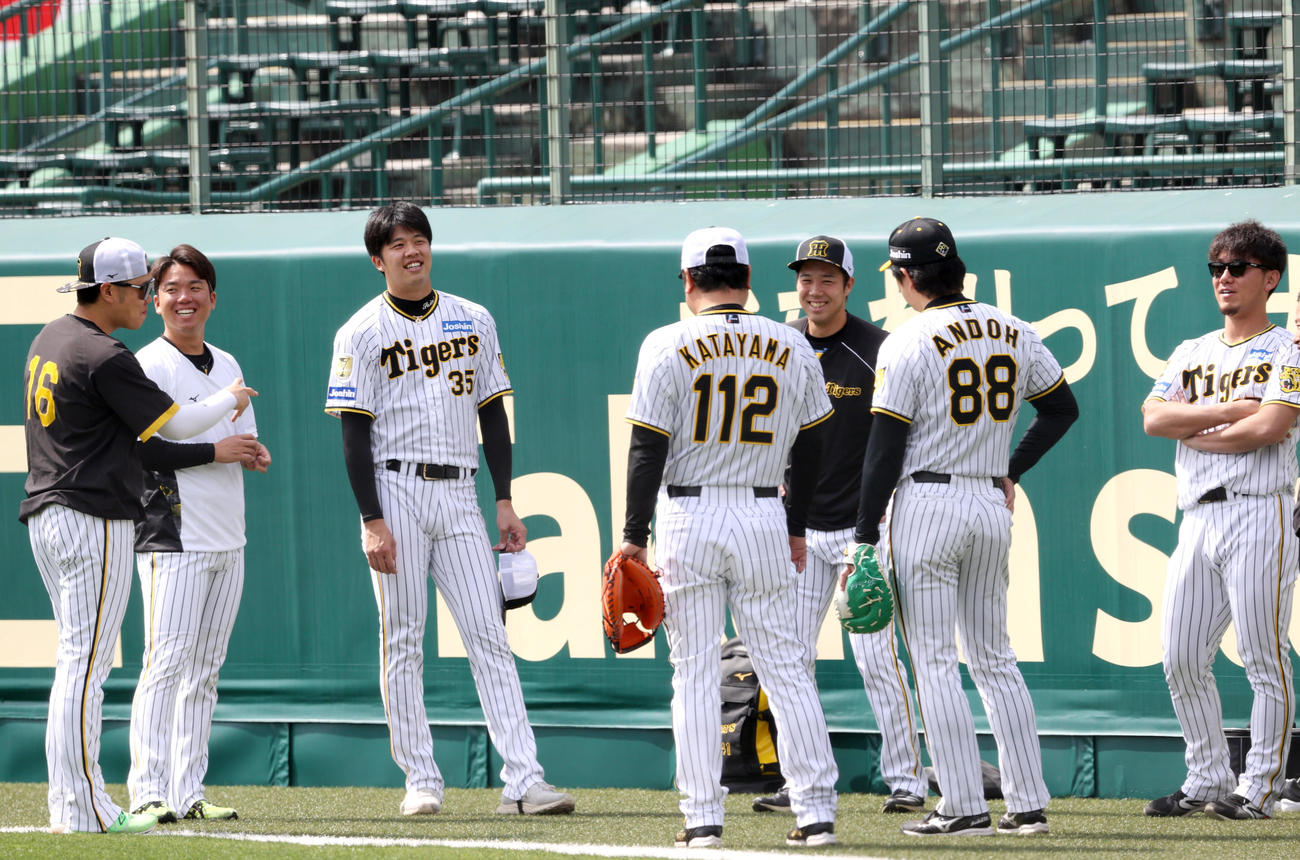 甲子園球場でリラックスした表情の阪神投手陣（撮影・上山淳一）