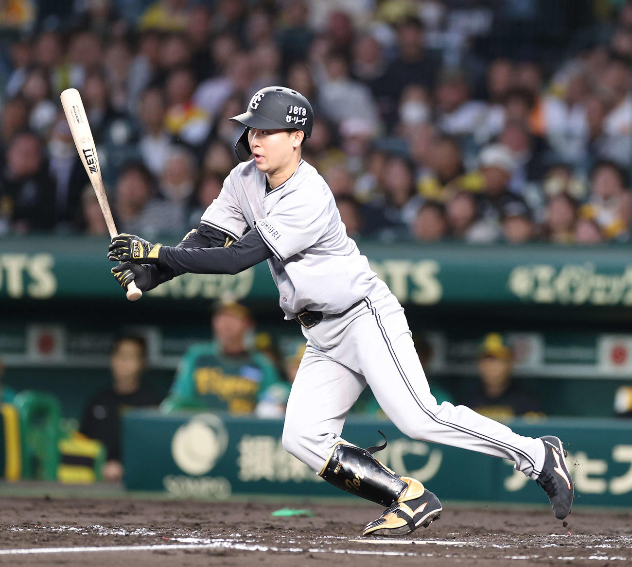 阪神対巨人　3回表巨人1死三塁、先制の適時打を放つ山崎伊（撮影・河野匠）