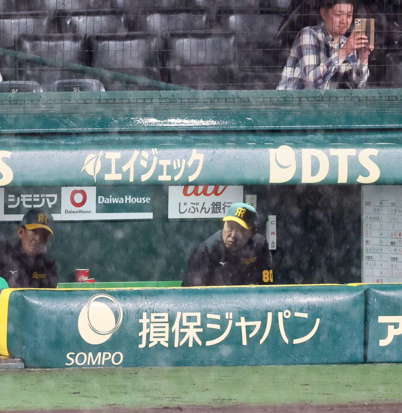 阪神対巨人　10回表、雨で中断となりベンチで待機する岡田監督（右）ら阪神ナイン（撮影・加藤哉）