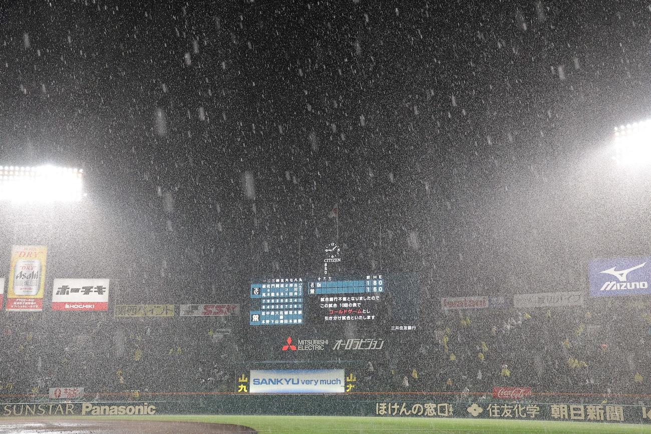 阪神対巨人　突然の雷雨でコールドとなった（撮影・上田博志）