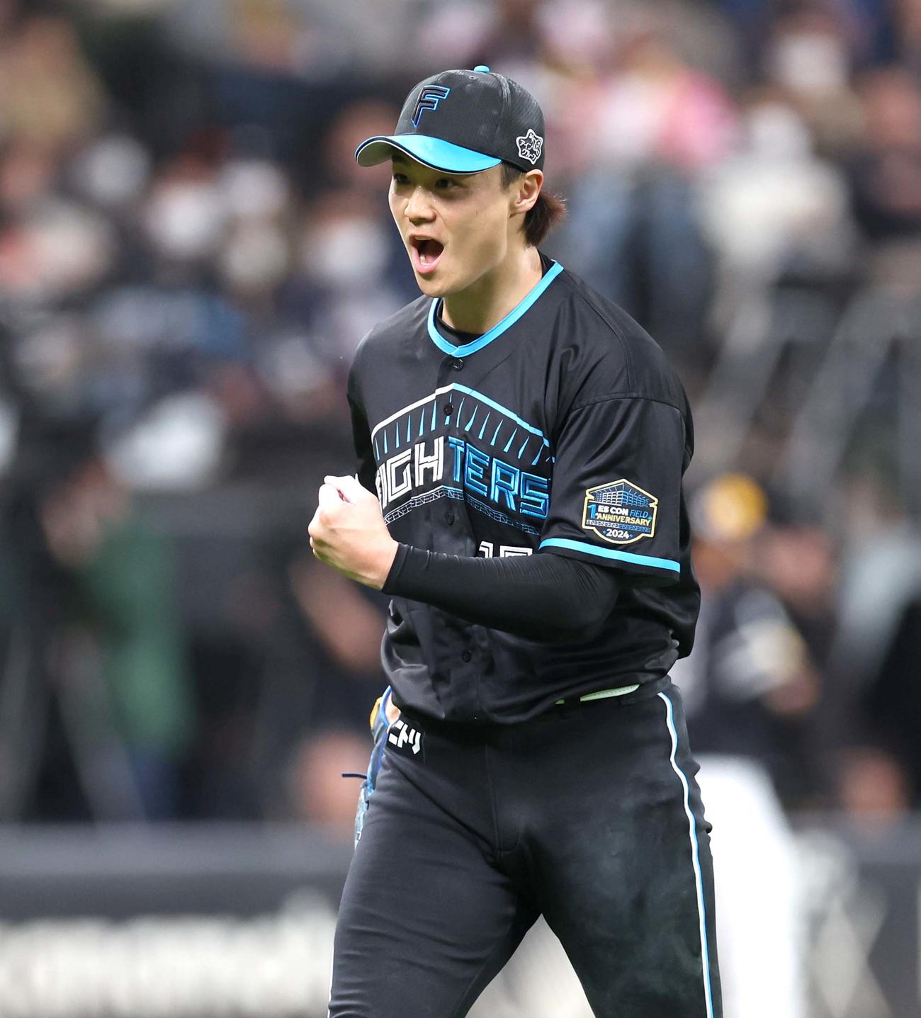 日本ハム対ソフトバンク　5回表ソフトバンク2死二塁、柳田を三振にとり叫ぶ山崎（撮影・黒川智章）