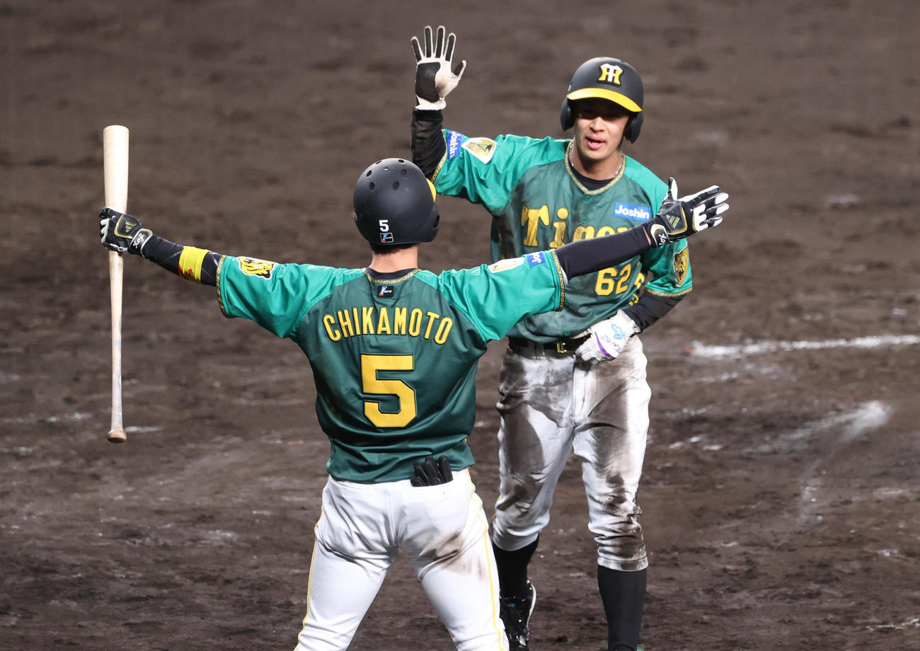 阪神対巨人　7回裏阪神1死二、三塁、三走植田（右）は代打糸原の右犠飛で生還する（撮影・上山淳一）