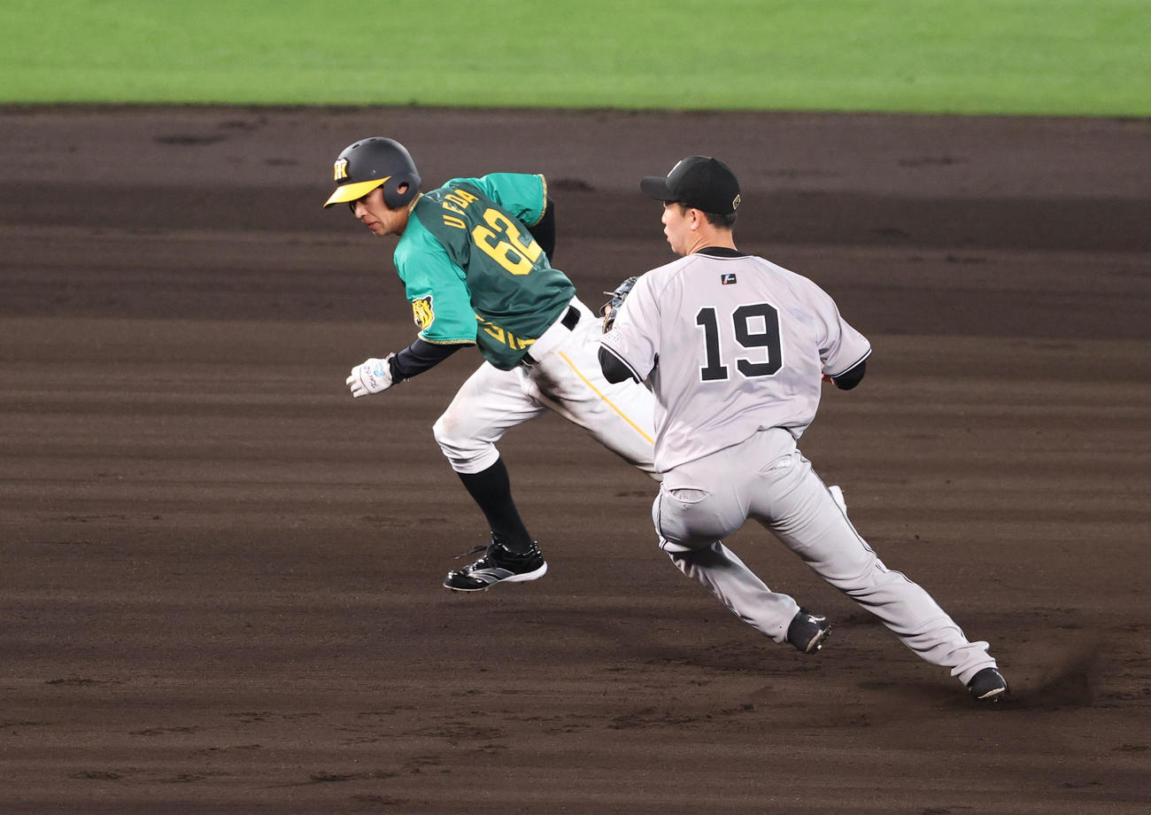 阪神対巨人　7回裏阪神1死二塁、二走植田（左）は木浪の投ゴロで二、三塁間で挟まるも山崎伊をかわし三塁へ進む（撮影・上山淳一）
