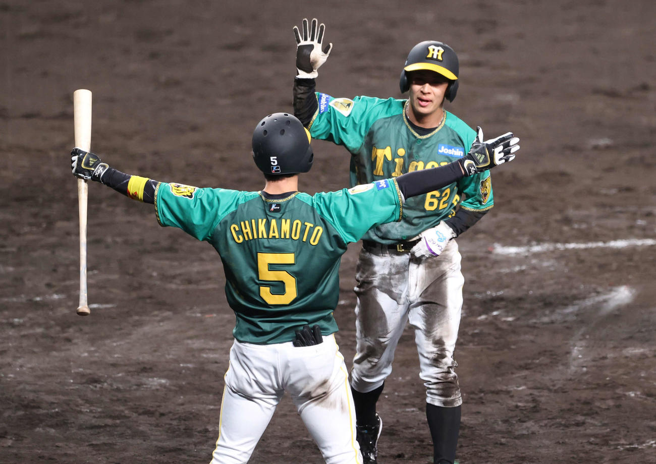 阪神対巨人　7回裏阪神1死二、三塁、三走植田（右）は代打糸原の右犠飛で生還する（撮影・上山淳一）