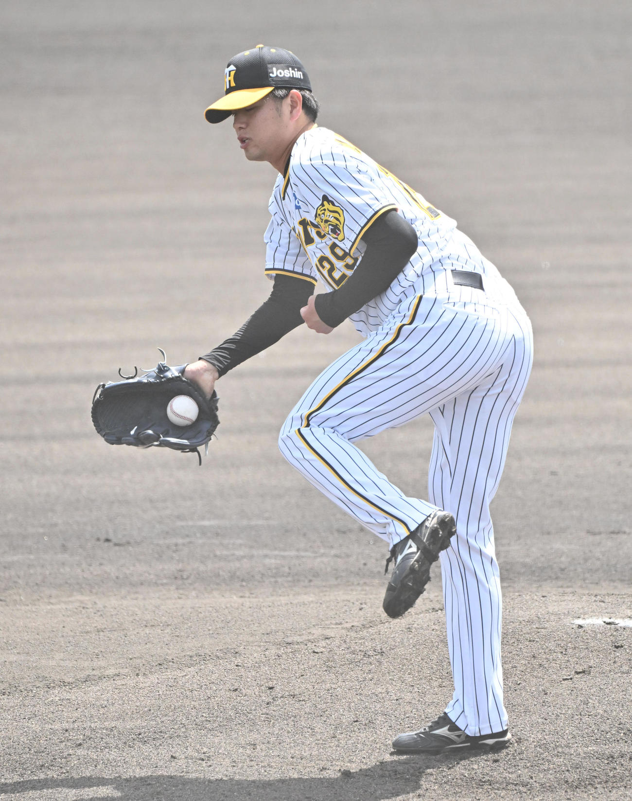 阪神対オリックス　1回表オリックス無死、杉沢の投直を好捕する高橋（撮影・石井愛子）