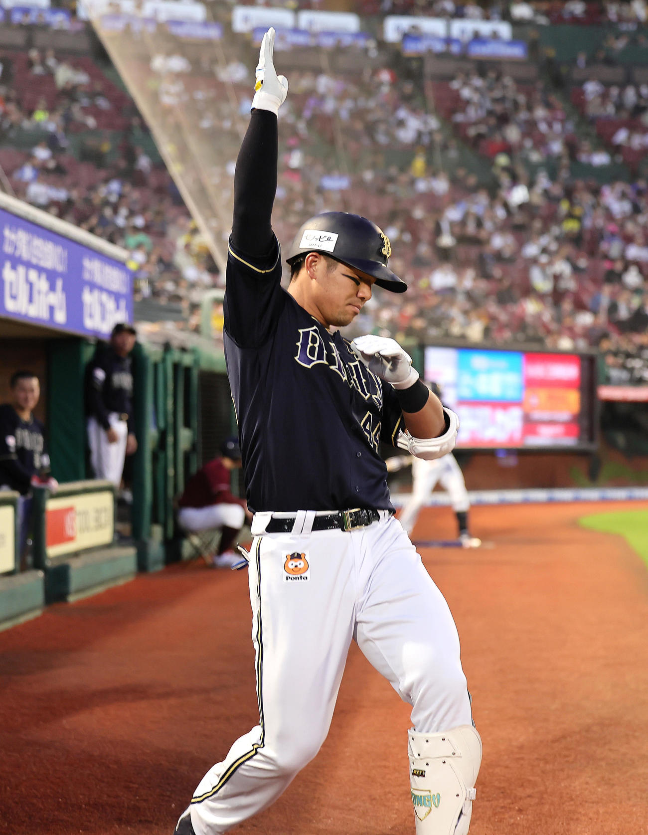 楽天対オリックス　2回表オリックス1死、左越え本塁打を放ちポーズを決める頓宮（撮影・足立雅史）