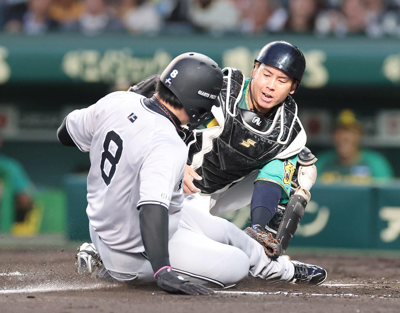 阪神対巨人　2回表巨人1死三塁、吉川の打球で本塁生還を狙った丸は本塁死となる。捕手梅野（撮影・河野匠）