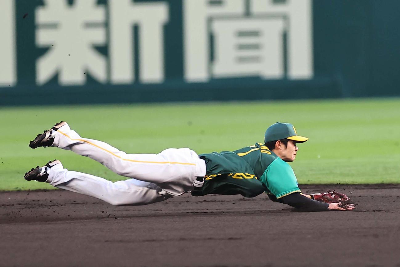 阪神対巨人　2回表巨人1死一塁、中野は泉口の二ゴロの打球に飛びつく（撮影・上田博志）