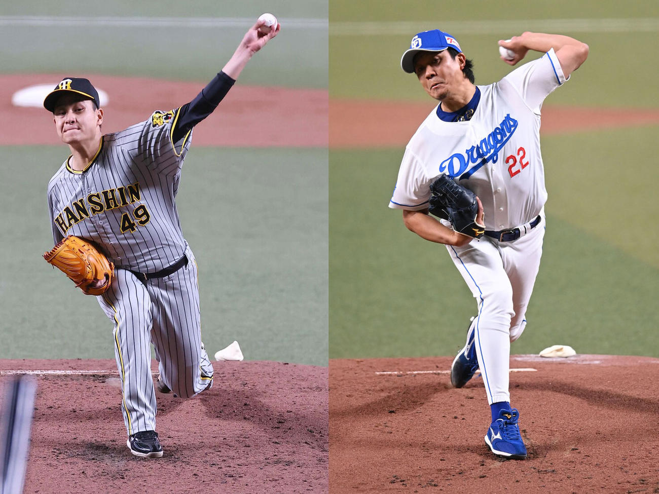 阪神大竹耕太郎（左）と中日大野雄大