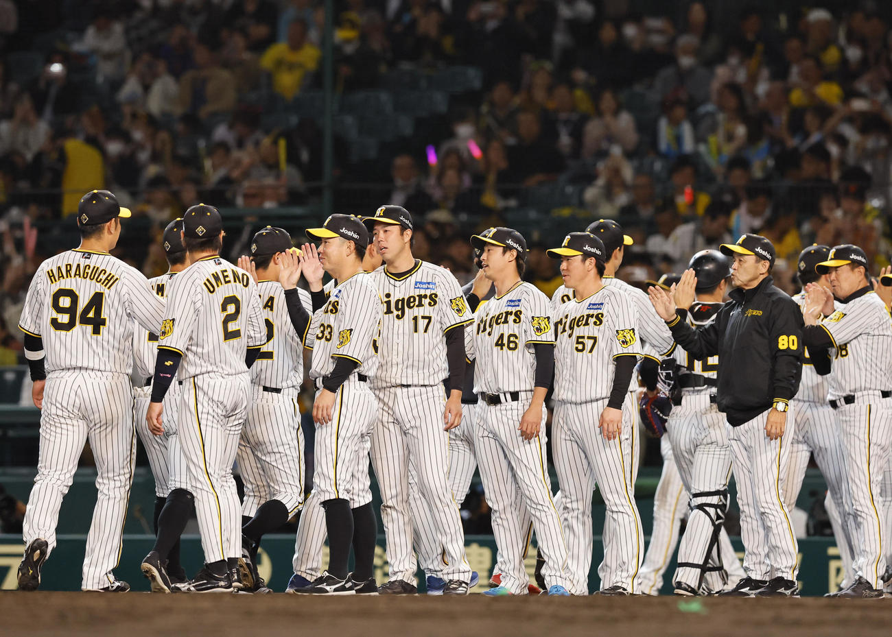 阪神対中日　中日に勝利し、タッチを交わす阪神青柳（17）、岡田監督（右から2人目）ら（撮影・藤尾明華）