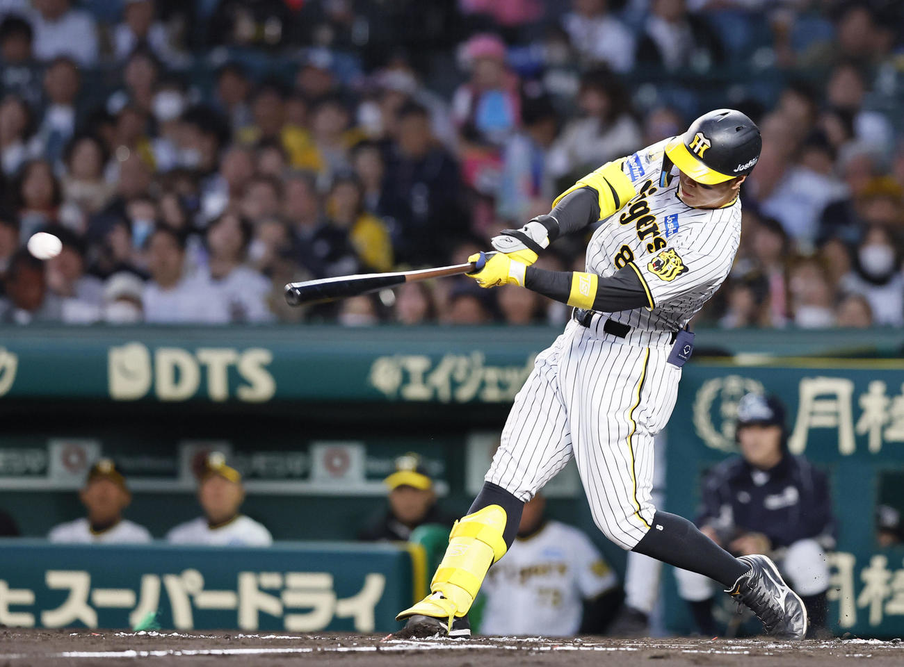 阪神対中日　2回裏阪神無死一塁、佐藤輝明は中前打を放つ（撮影・藤尾明華）