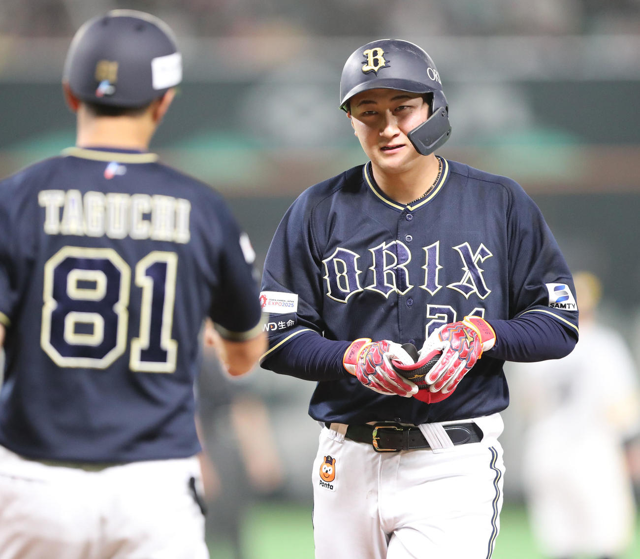 ソフトバンク対オリックス　2回表オリックス2死三塁、中前に同点適時打を放った紅林（撮影・梅根麻紀）