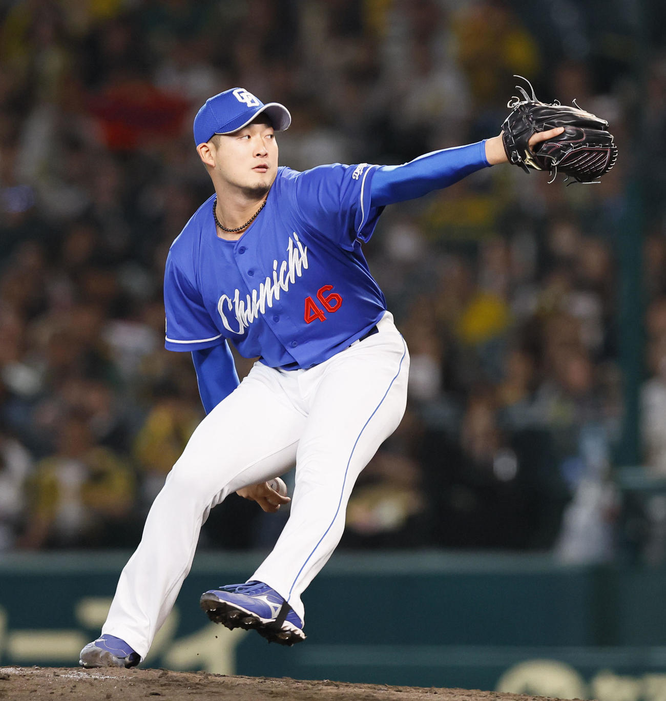 阪神対中日　7回、3番手で登板した中日梅野（撮影・藤尾明華）